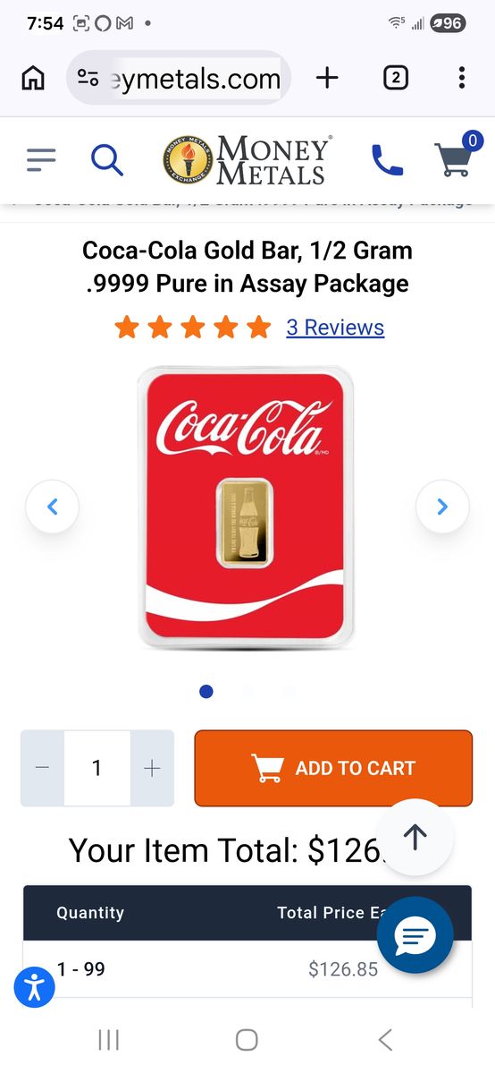 Coca-Cola Gold Bar, 1/2 Gram .9999 Pure in Assay Package