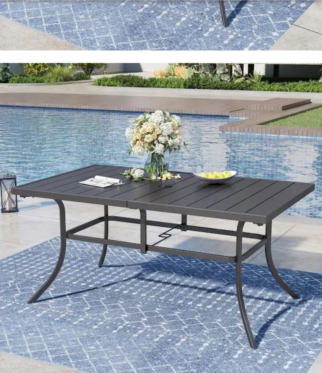 60" x 35" Outdoor Patio Dining Table – Metal Frame, Umbrella Hole, Black #517