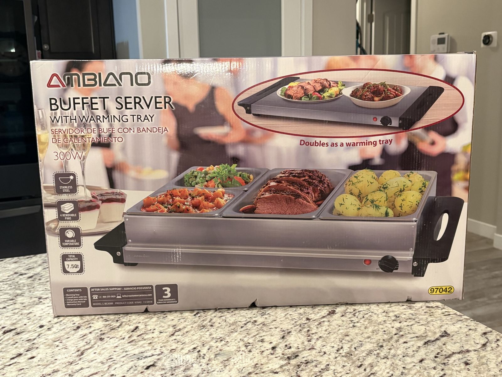 AMBIANO 300W Stainless Steel Buffet Server with Warming Tray & 4 Removable Pans, 7.5Qt Capacity