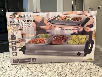 AMBIANO 300W Stainless Steel Buffet Server with Warming Tray & 4 Removable Pans, 7.5Qt Capacity