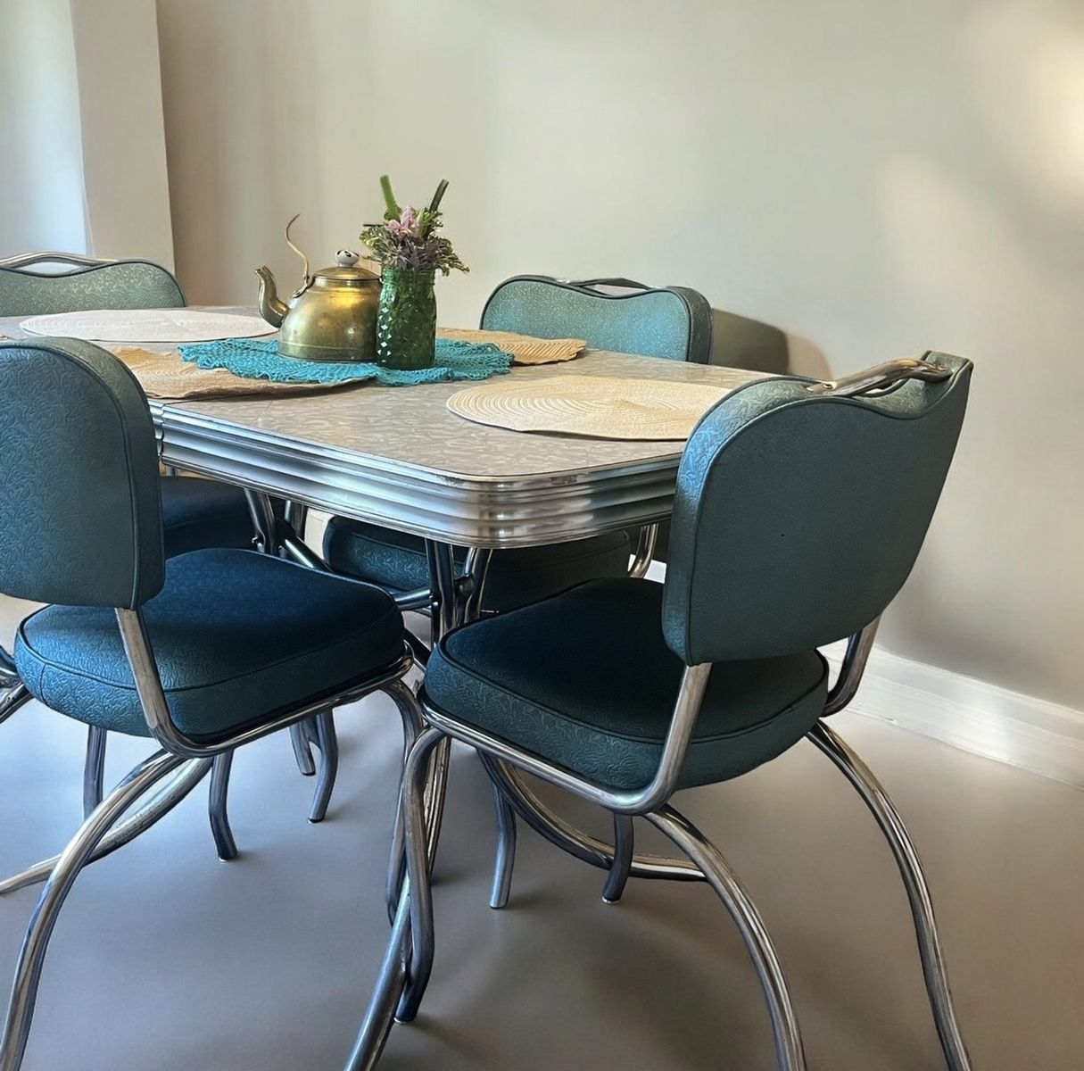 Vintage 1950s Chromcraft Dinette Set - Gray Leaf Tabletop & Teal/Green Chairs (5-Piece)