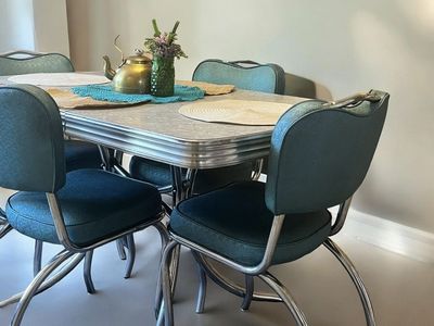 Vintage 1950s Chromcraft Dinette Set - Gray Leaf Tabletop & Teal/Green Chairs (5-Piece)