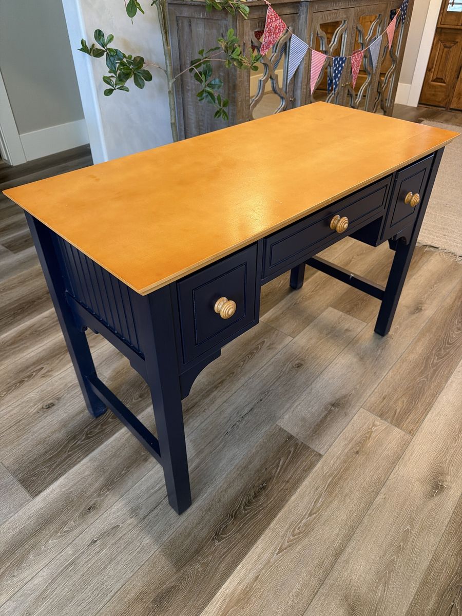 Two-Tone Wooden Desk with Three Drawers and Matching Chair Set