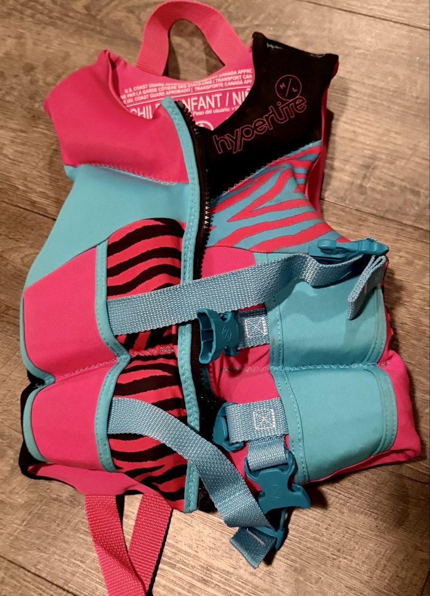 Hyperlite Child Life Vest Pink Blue Zebra Print US Coast Guard Approved (33-55 lbs)