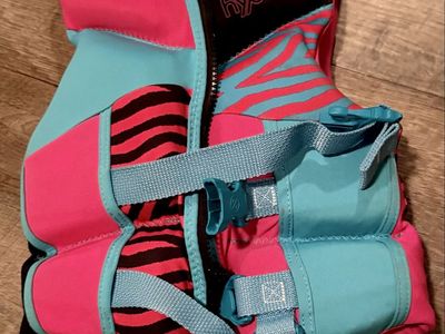 Hyperlite Child Life Vest Pink Blue Zebra Print US Coast Guard Approved (33-55 lbs)