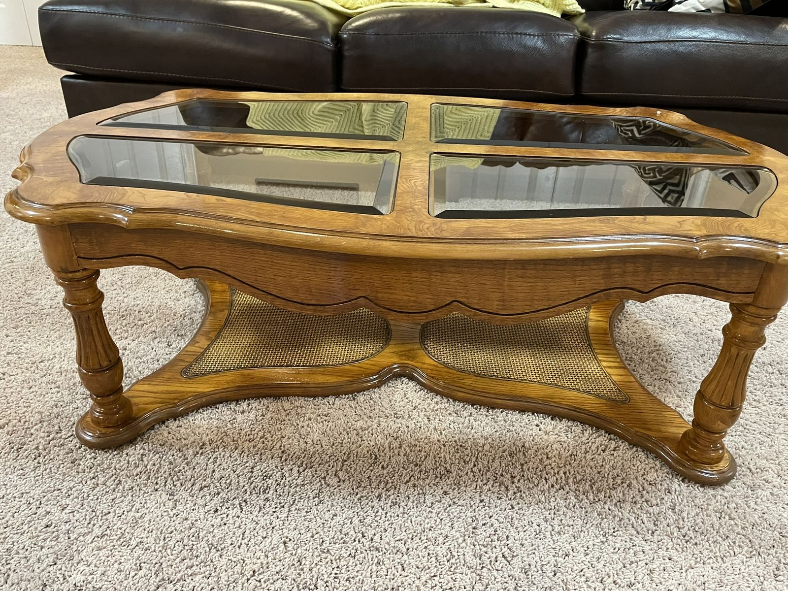 Vintage French Provincial Style Wood Coffee Table with Glass Top and Cane Accents