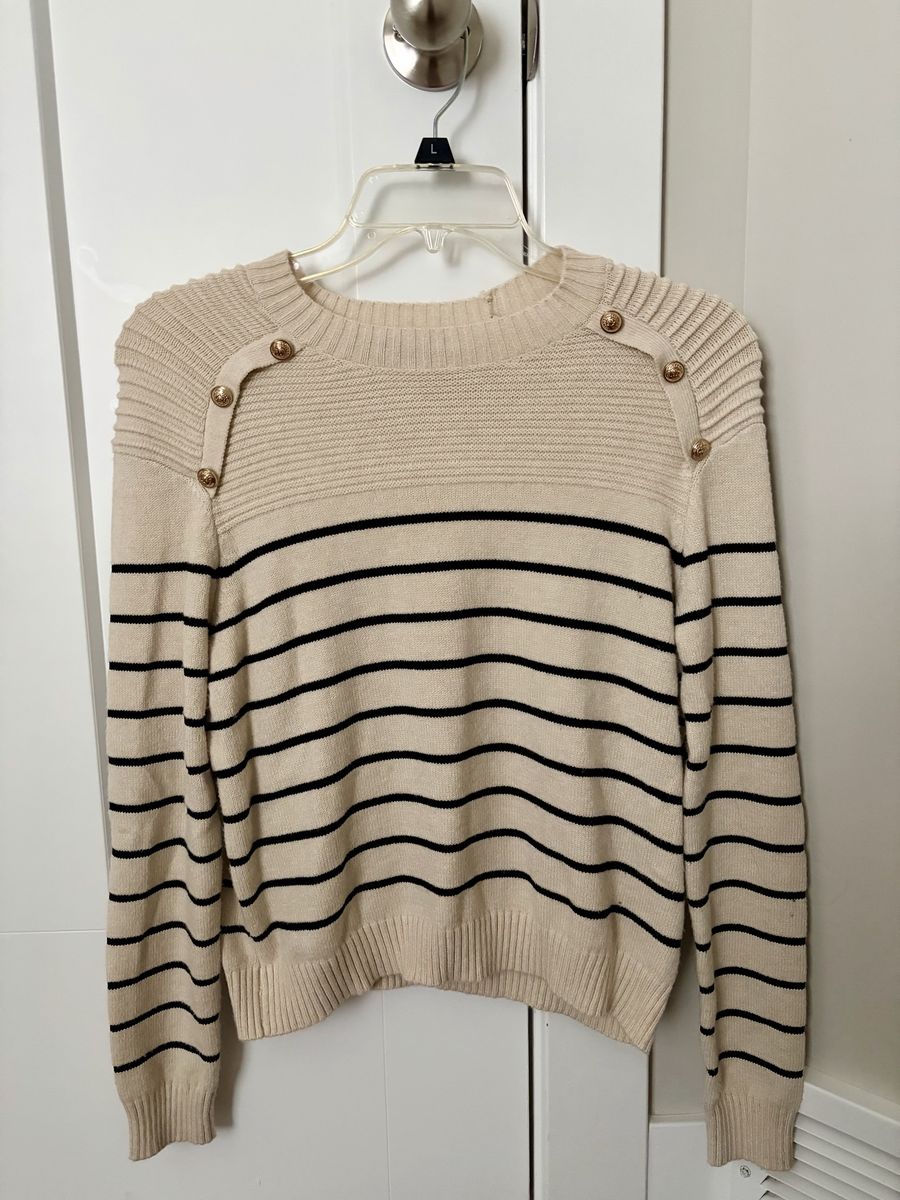 Cream Striped Gold-Button Sweater