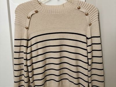 Cream Striped Gold-Button Sweater