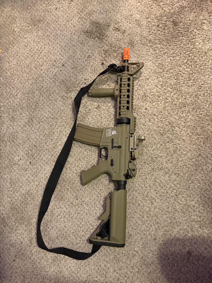 Lancer Tactical Tan Airsoft Rifle with Sling and Magazine