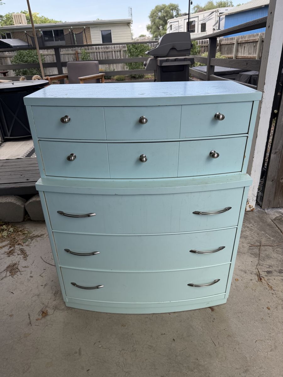 Vintage Light Blue Dresser with 7 Drawers - Curved Mid-Century Style