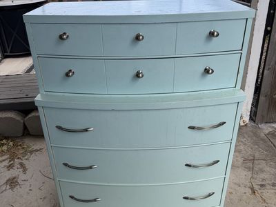 Vintage Light Blue Dresser with 7 Drawers - Curved Mid-Century Style