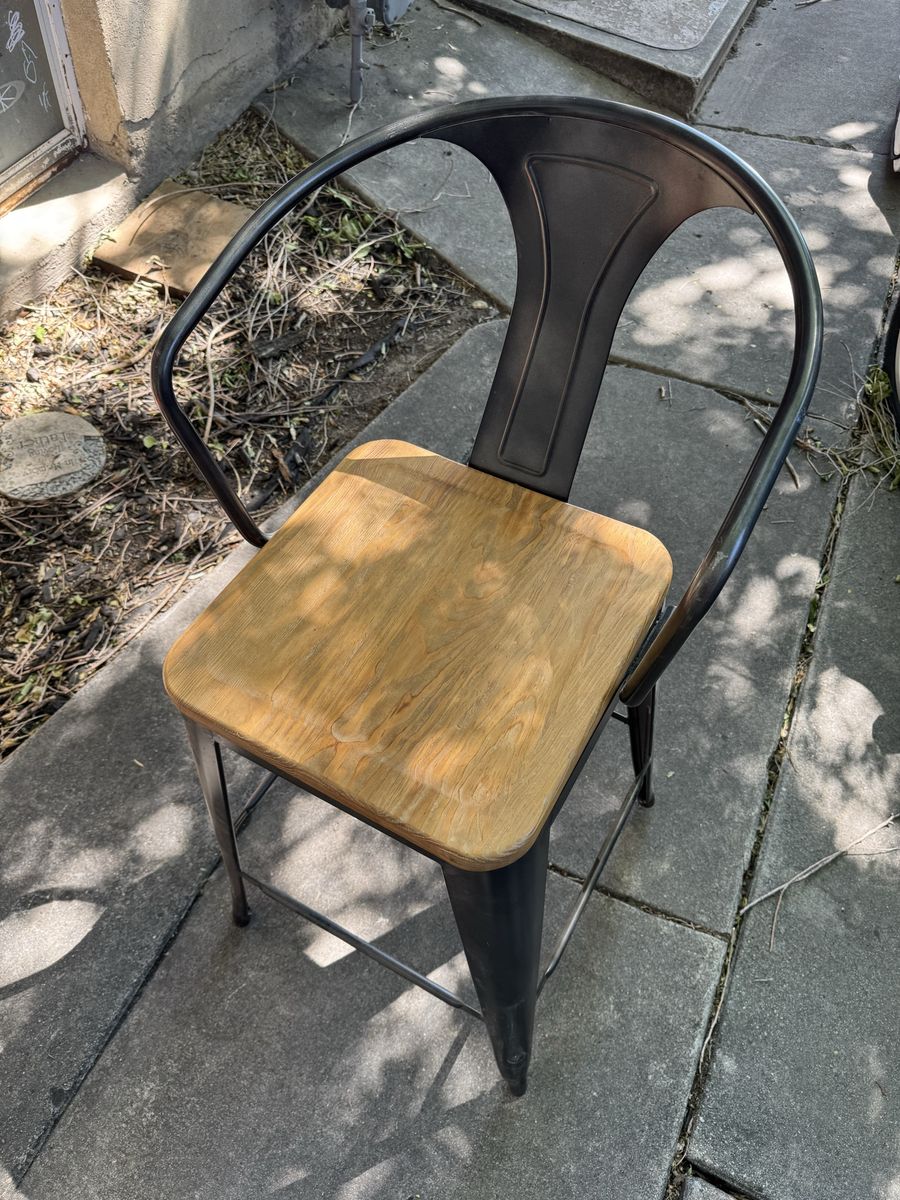 Industrial Style Barstool Chair - Black Metal Frame with Wood Seat