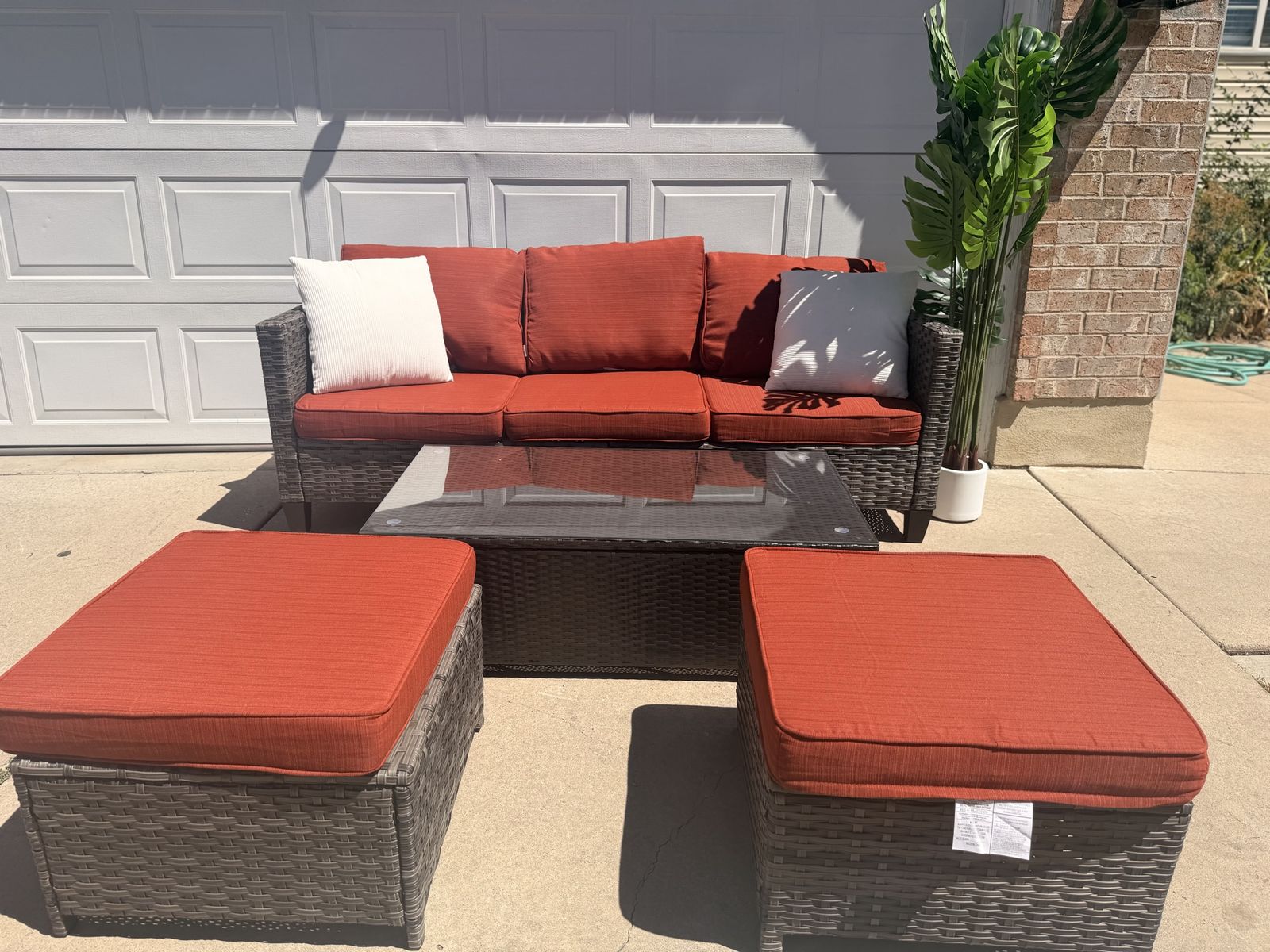 Outdoor Wicker Patio Conversation Set with Sofa Table Ottomans