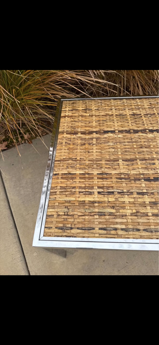 Mid Century Modern Chrome Bamboo Woven Side Table