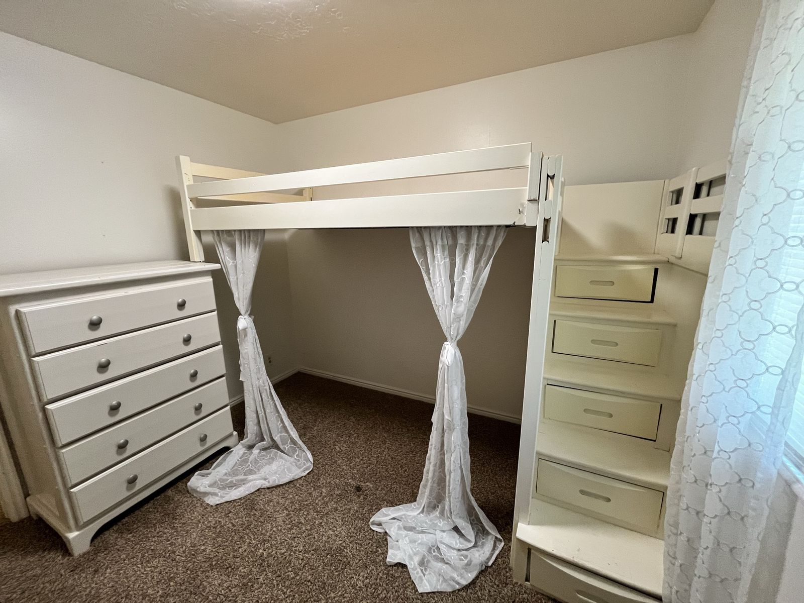 Loft bunk bed, stairs, and dresser