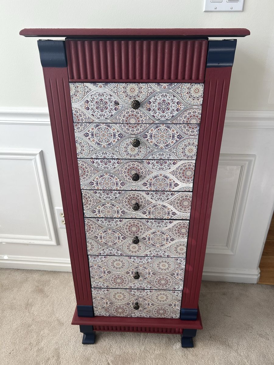 Unique Hand-Painted Tall Jewelry Armoire with 7 Drawers - Burgundy & Blue Floral Pattern