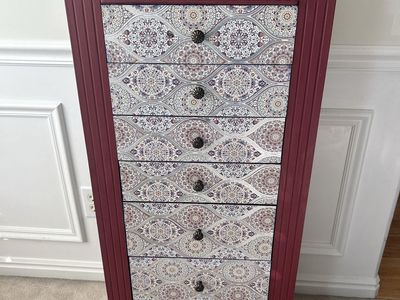 Unique Hand-Painted Tall Jewelry Armoire with 7 Drawers - Burgundy & Blue Floral Pattern
