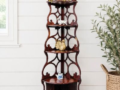 Vintage Gothic Style Ornate Wood 5 Tier Shelf | Vintage 5 Tier Shelving Unit Bookcase Shelf