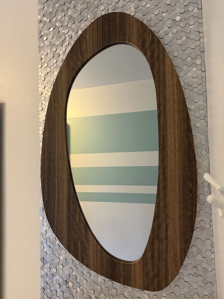modern asymmetrical wood-effect mirror