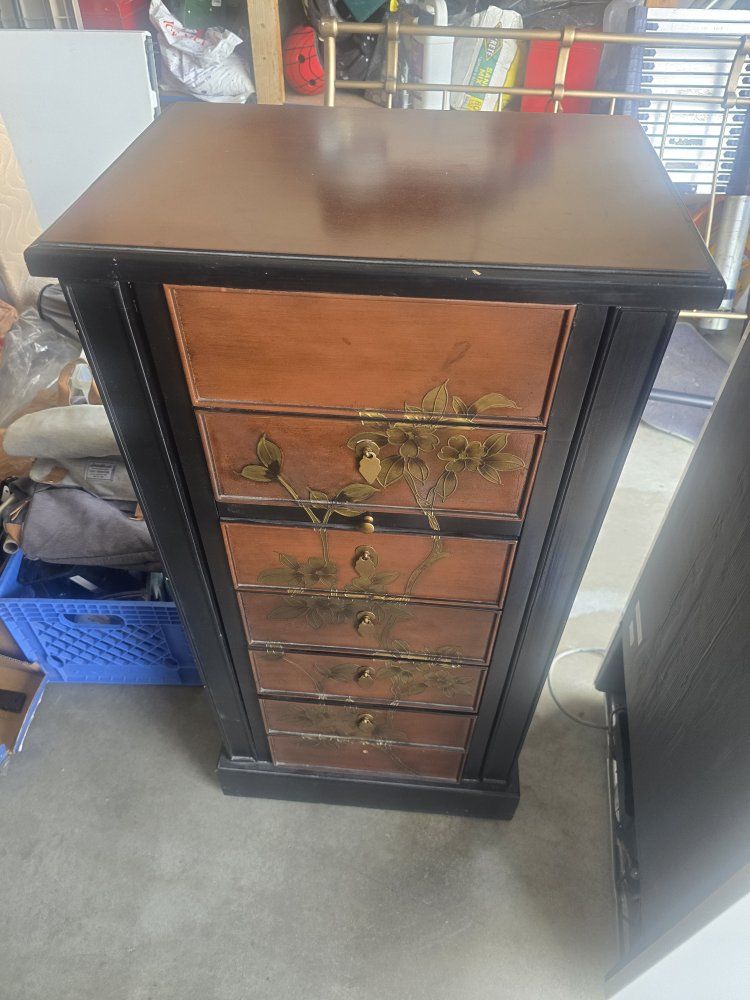 Hand-Painted Floral Wooden Jewelry Armoire Cabinet with Lift-Top Mirror & Multiple Drawers
