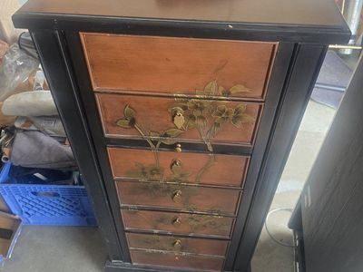 Hand-Painted Floral Wooden Jewelry Armoire Cabinet with Lift-Top Mirror & Multiple Drawers
