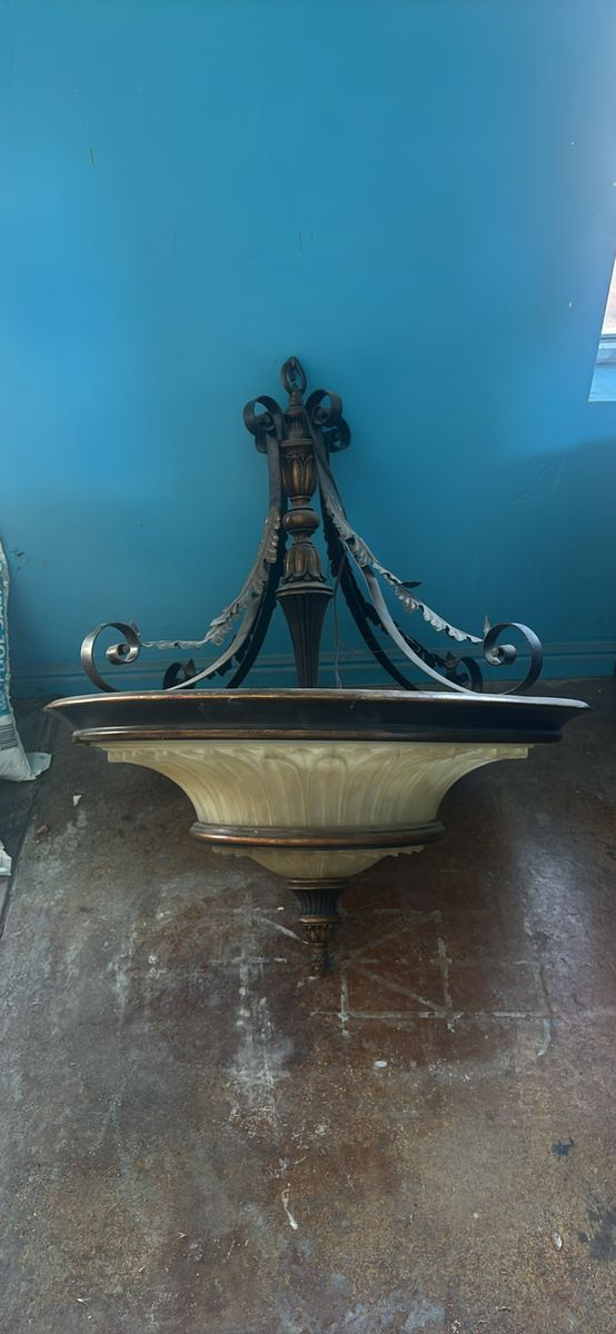 Large Traditional Bronze and Frosted Glass Bowl Pendant Chandelier