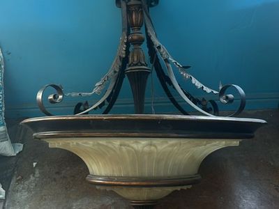 Large Traditional Bronze and Frosted Glass Bowl Pendant Chandelier