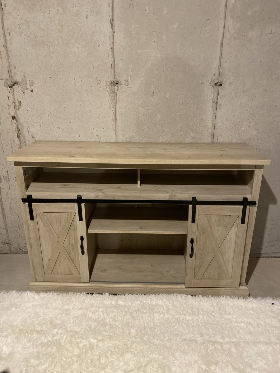 Farmhouse Style TV Stand with Sliding Barn Doors - Light Wood Finish, Media Console