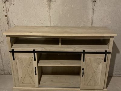 Farmhouse Style TV Stand with Sliding Barn Doors - Light Wood Finish, Media Console