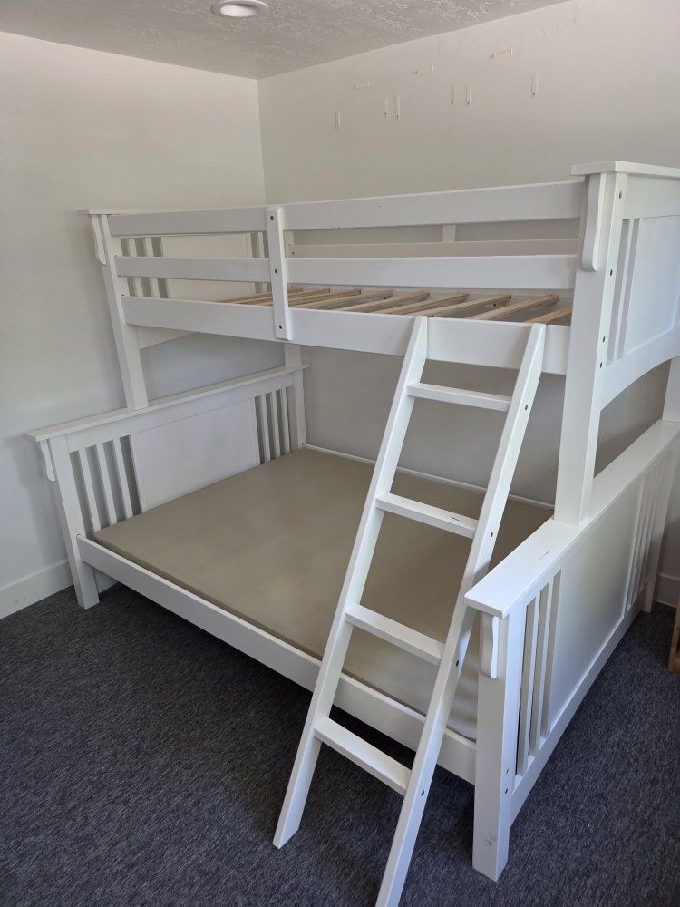 White Wooden Twin Over Full Bunk Bed Frame with Ladder