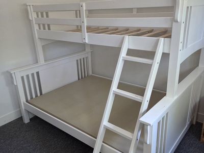 White Wooden Twin Over Full Bunk Bed Frame with Ladder