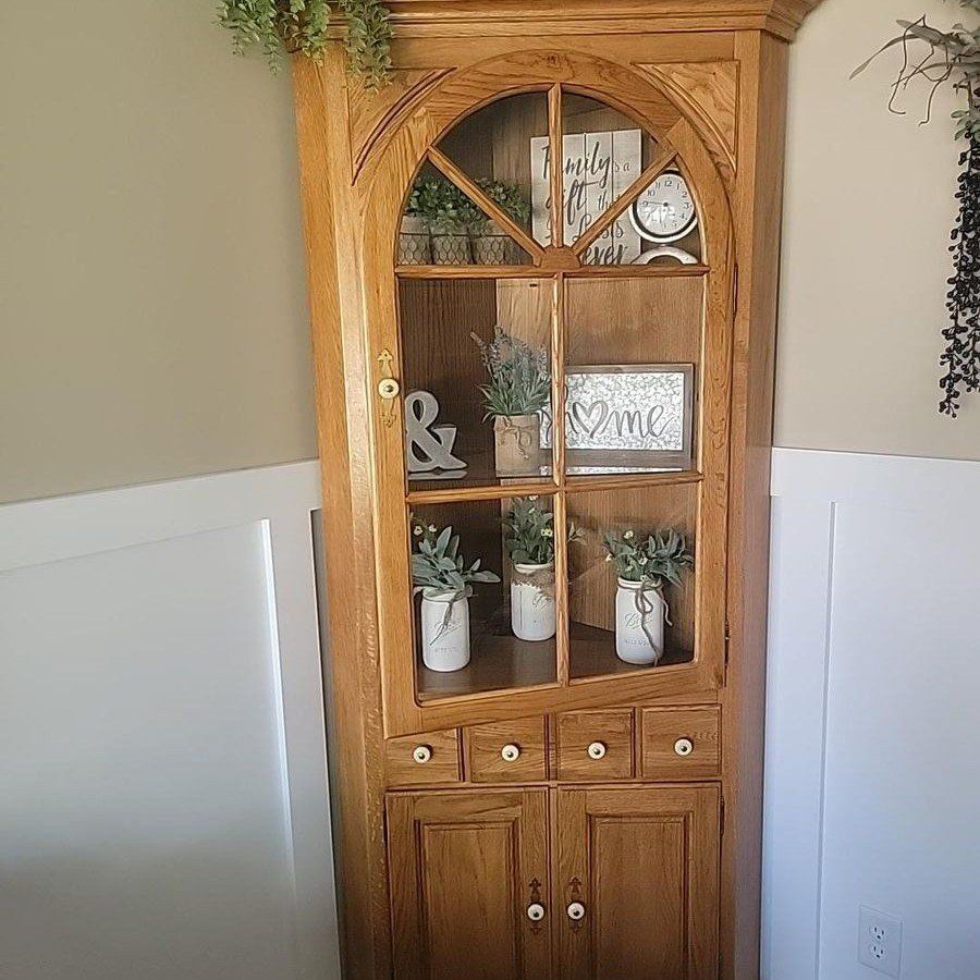 Vintage solid oak Corner China Hutch Cabinet with Glass Door and Storage