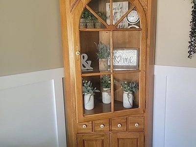 Vintage solid oak Corner China Hutch Cabinet with Glass Door and Storage