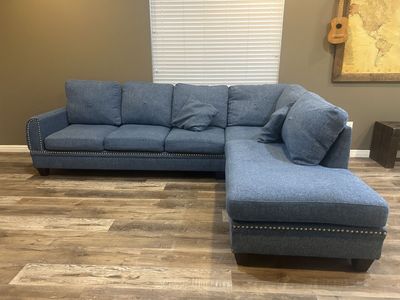 Blue Fabric Sectional Sofa with Right-Facing Chaise and Nailhead Trim