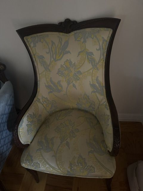 Vintage High Back Accent Chair with Floral Upholstery and Blue Velvet Back
