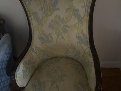 Vintage High Back Accent Chair with Floral Upholstery and Blue Velvet Back
