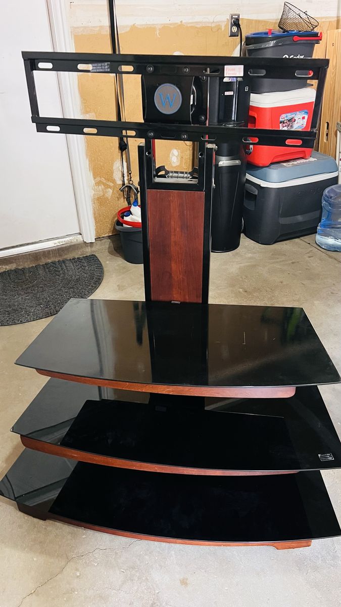 TV Stand with Mount - Black Glass Shelves / Wood Accent