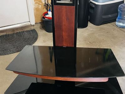 TV Stand with Mount - Black Glass Shelves / Wood Accent