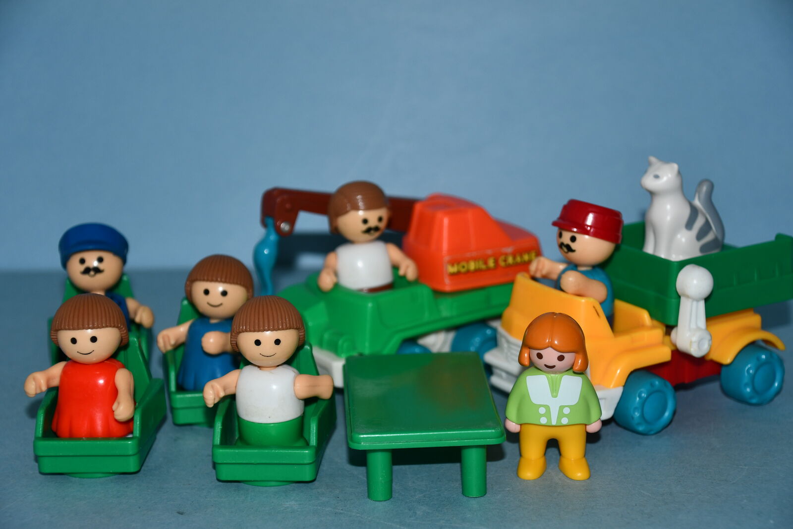 VINTAGE PLAYSKOOL & PLAYMOBILE PLAY SET ~ FIGURES, VEHICLES, CHAIRS & TABLE ~ CLEAN!