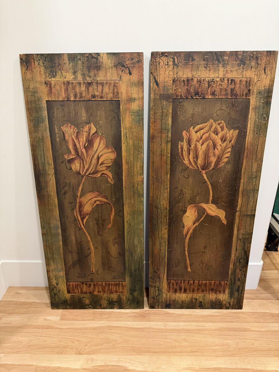 Large Rustic Floral Wood Panel Wall Art (Set of 2) - 20"x50" each