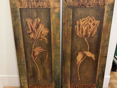Large Rustic Floral Wood Panel Wall Art (Set of 2) - 20"x50" each