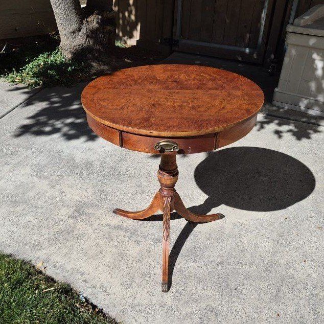 Vintage Round Accent Table with Carved Pedestal Base & Single Drawer - Wood