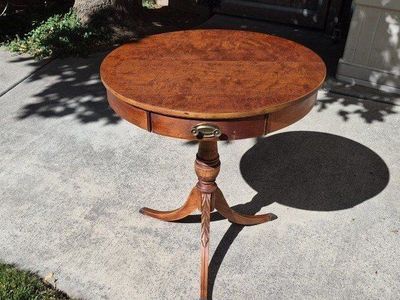 Vintage Round Accent Table with Carved Pedestal Base & Single Drawer - Wood