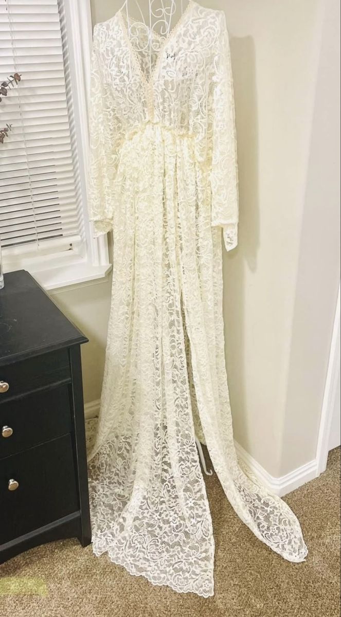 ZeBuBeYou Maternity Dress Photo Shoot Gown Boho Wedding Lace Long Sleeve V-Neck