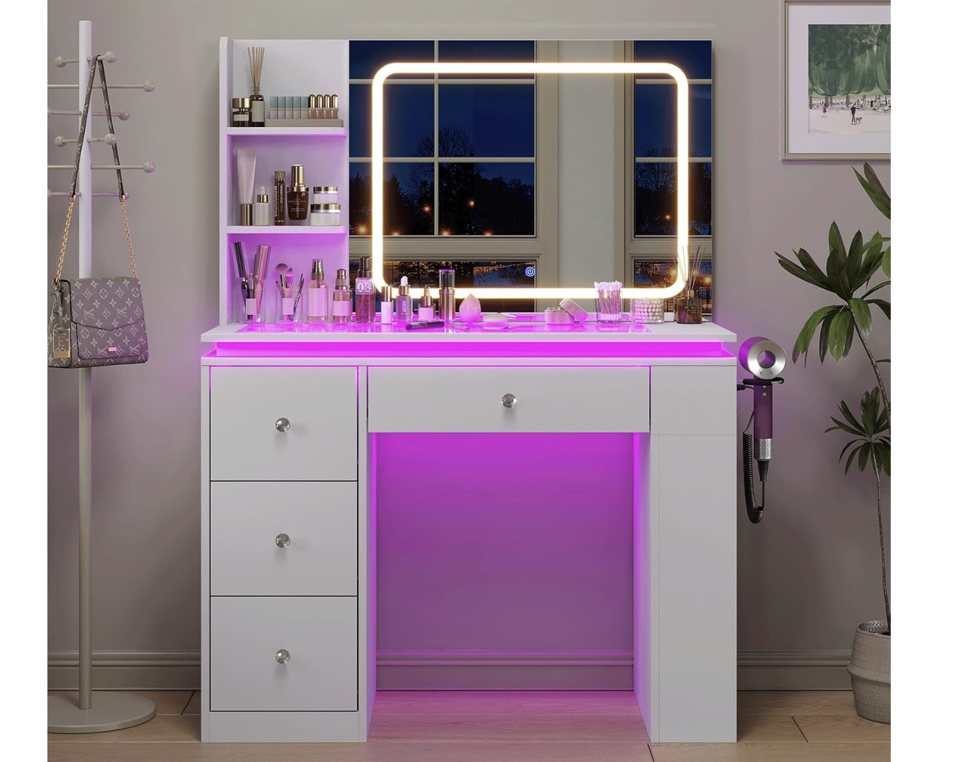 New in Box Vanity Desk with Mirror and Lights,Transparent Top Vanitys with 2 RGB Drawers