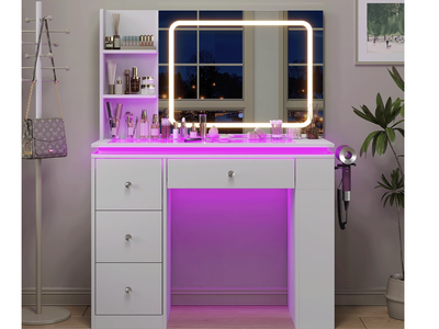 New in Box Vanity Desk with Mirror and Lights,Transparent Top Vanitys with 2 RGB Drawers