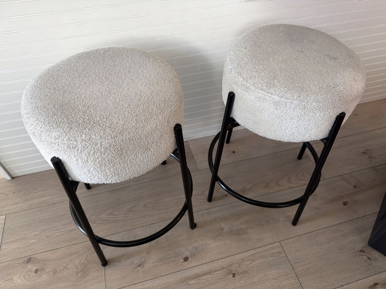 Pair of Modern Light Beige Boucle Bar Stools with Black Metal Legs - condition used but well in tact