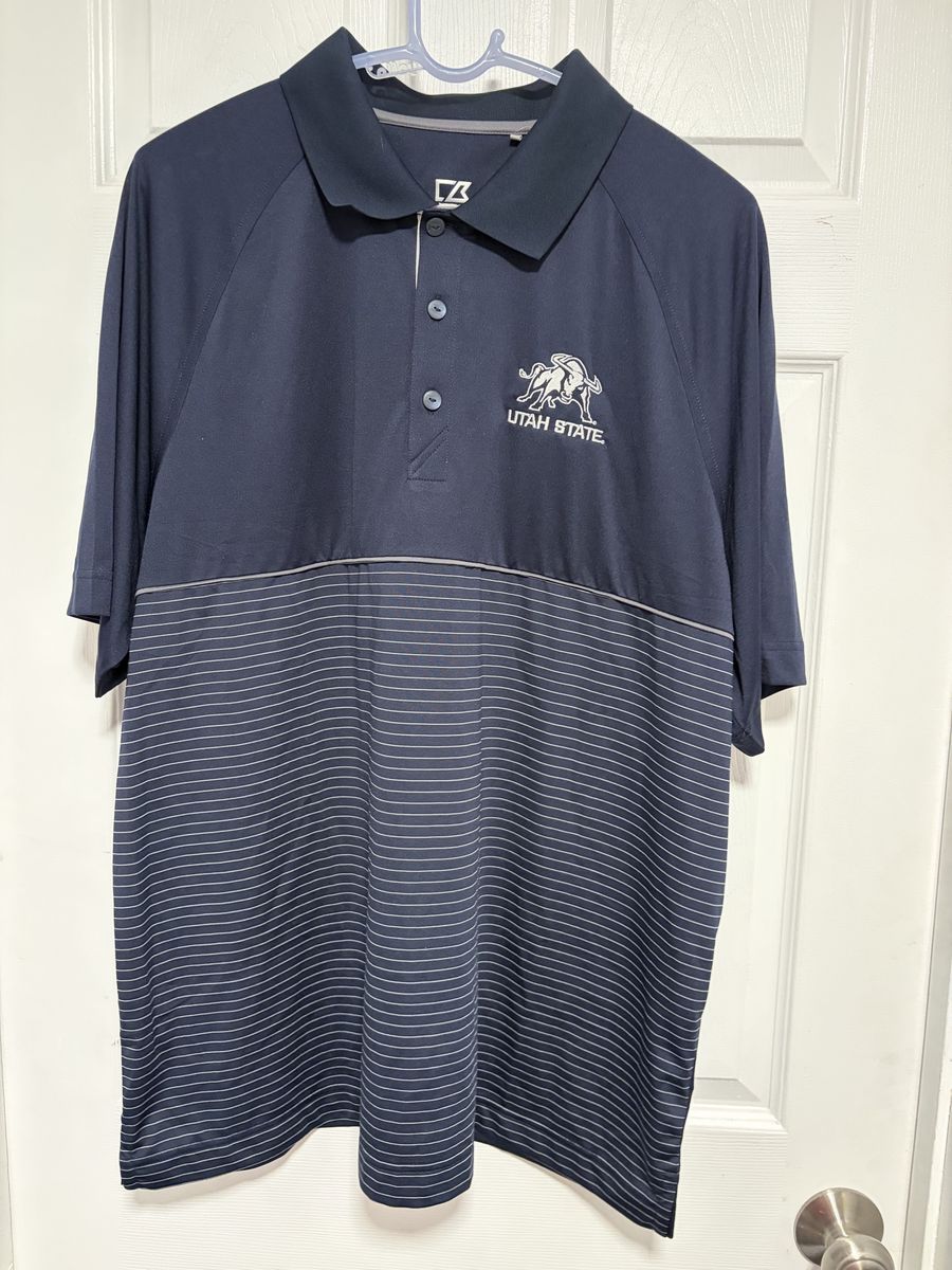 Cutter & Buck Utah State Aggies Polo Shirt Navy Blue Striped XL