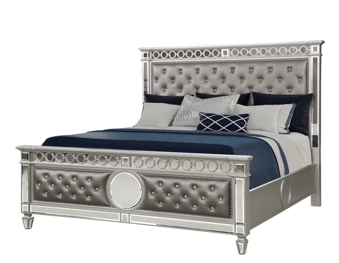 Brand New Dilbeck Eastern King Bed – Silver/Gray Glam Luxury