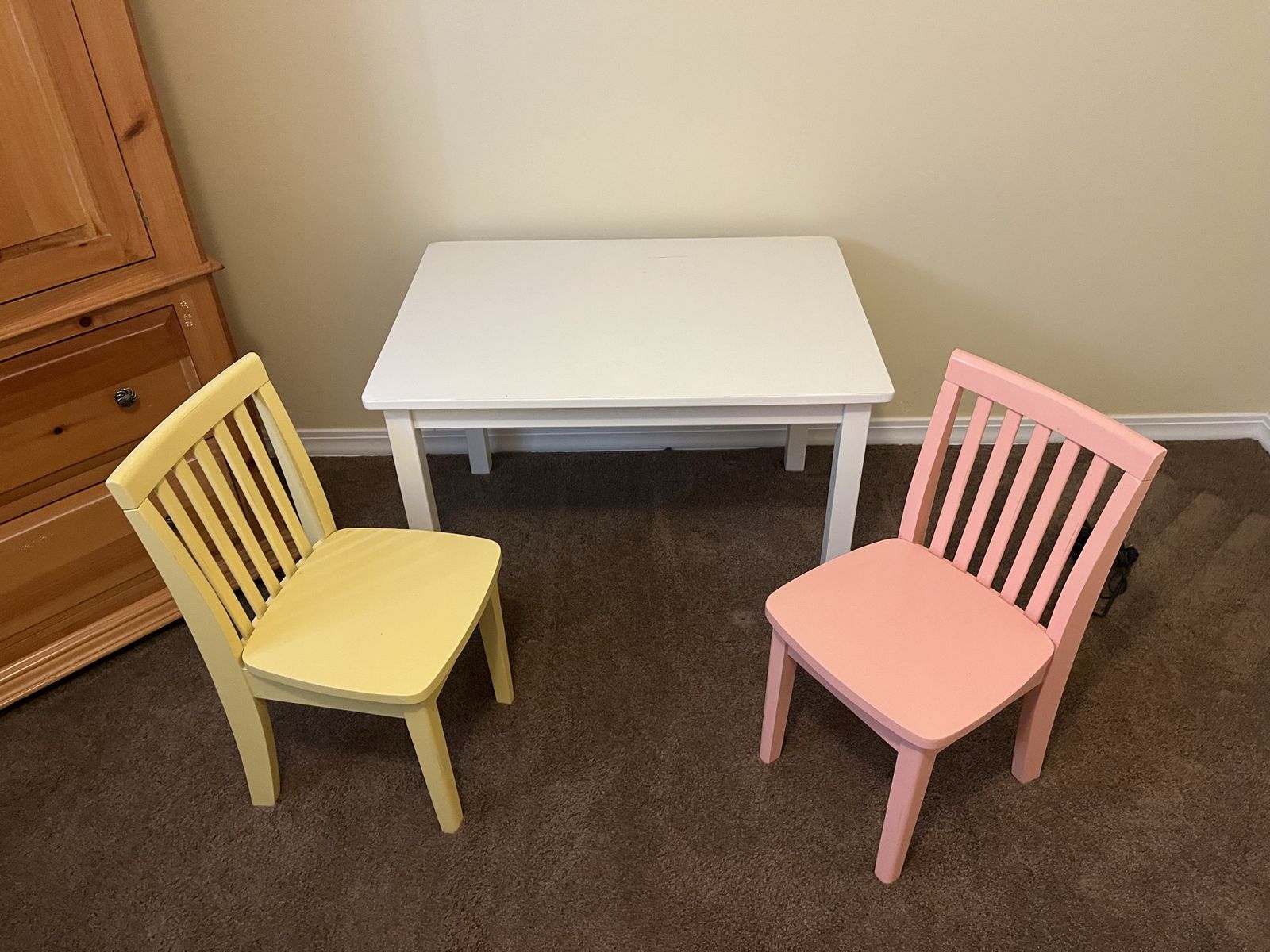 White Kids Table with Yellow and Pink Chairs Set